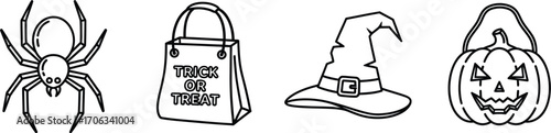 Halloween icons featuring a spider trick or treat bag witch hat and pumpkin
