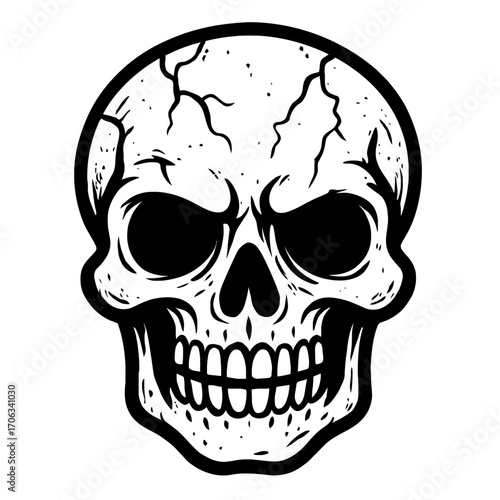 Highly detailed black and white skull illustration featuring prominent cracks on the cranium, deep hollow eye sockets, and a full set of teeth forming an eerie grin, perfect for horror, gothic, tattoo