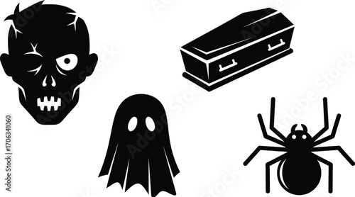 Spooky halloween icons featuring a zombie ghost coffin and spider in black