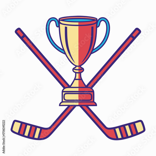 Golden hockey trophy with crossed sticks illustration
