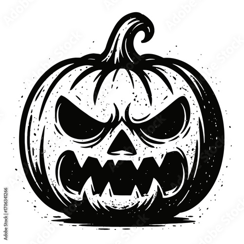Vintage distressed black and white jack-o'-lantern illustration featuring a terrifying, angry face with sharp triangular eyes, nose, and a menacing jagged toothy grin. Perfect for spooky Halloween des
