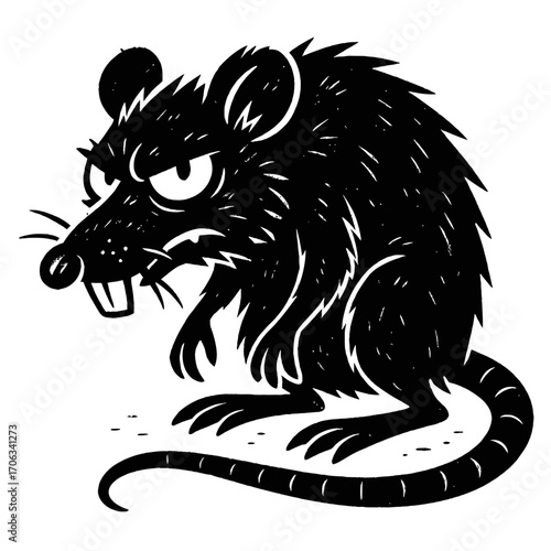 A menacing black rat silhouette illustration featuring an angry expression, sharp teeth, and spiky fur. This stylized graphic depicts a grumpy rodent with prominent ears and tail, ideal for themes of