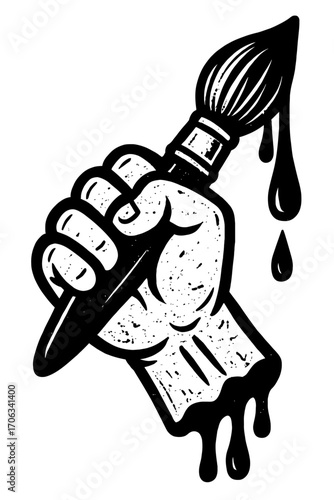Dynamic black and white vector art of a clenched fist gripping a paint brush, dripping with artistic passion. This grunge-style illustration embodies creative power, rebellion, and expressive freedom,
