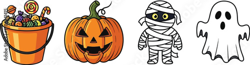 Halloween characters including a pumpkin mummy ghost and bucket of candy