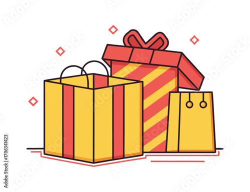 Cartoon Gifts and Shopping Bags for Holidays or Celebrations in Yellow and Red
