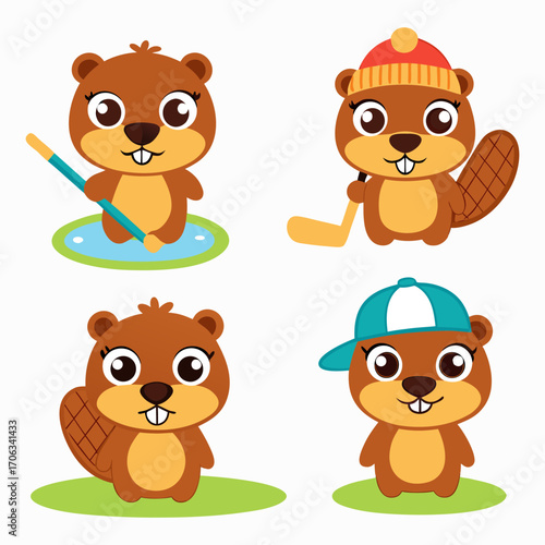 Four adorable cartoon beavers engaged in various activities