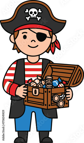 Cartoon pirate holding a treasure chest filled with gold and colorful candies