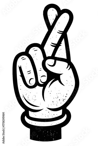 Black and white graphic illustration of fingers crossed hand, representing hope, good luck, wishes, superstition. Distressed image conveys optimistic anticipation, positive fortune, future success. Id