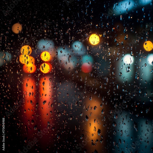 Raindrops on the asphalt in the city at night. Blurred background