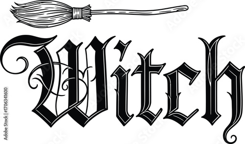 Witch text with broom illustration for halloween themed designs and decorations