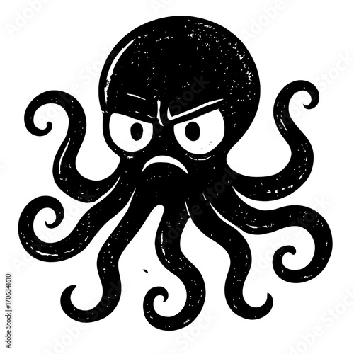 Striking monochrome illustration of a fiercely grumpy black octopus with intensely furrowed brows and a scowling expression, featuring a unique distressed texture and a vintage aesthetic, perfect for