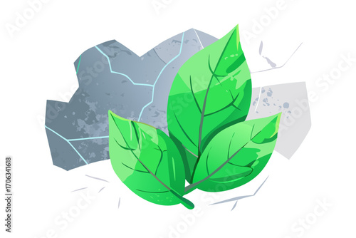 Vibrant green leaves emerge from a textured, cracked stone background, representing new life and natural beauty