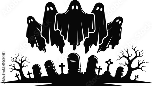 Spooky ghosts hovering over a graveyard with tombstones and bare trees at night
