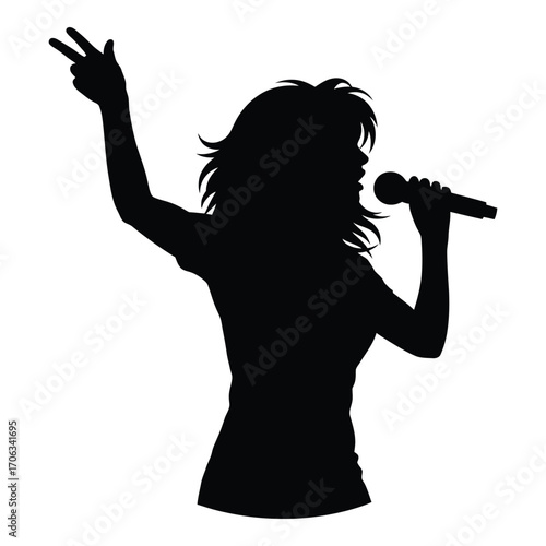 Dynamic silhouette of a female singer performing with microphone and peace sign silhouette