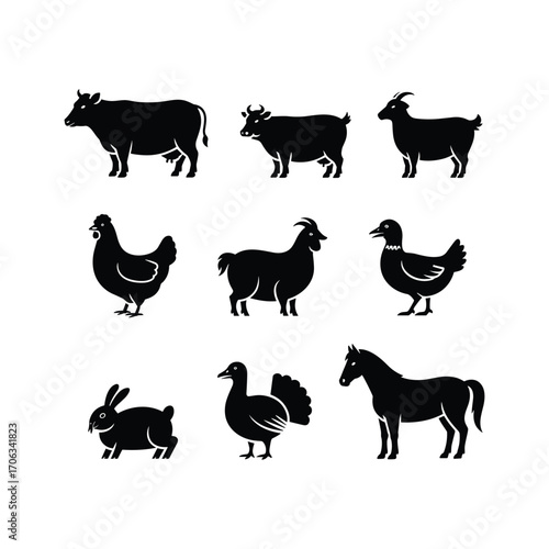 Collection of silhouettes of farm animals including cow goat chicken duck horse rabbit turkey