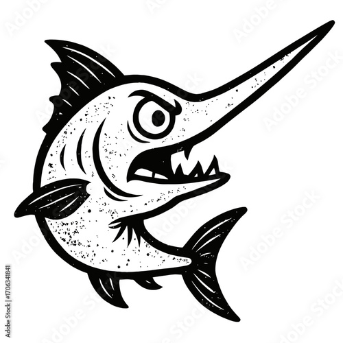 Aggressive Marlin Mascot Logo Design, Black and White Vintage Ocean Predator Illustration with Grungy Distressed Texture, Perfect for Sport Fishing Teams, Nautical Apparel Brands, and Marine Enthusias