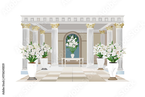 Elegant classical colonnade with large white floral arrangements in pots, creating a grand and luxurious architectural interior scene