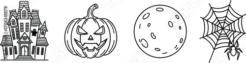 Spooky halloween night scene with haunted house pumpkin moon and spider web