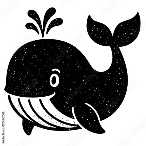 Charming Hand-Drawn Black & White Whale Illustration Spouting Water, Featuring a Friendly Smile and Expressive Eye. Perfect for Kids' Designs, Nautical Themes, & Marine Life Graphics with a Unique Vin