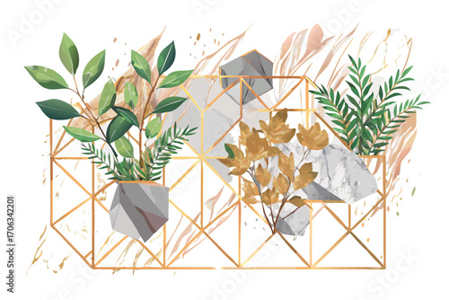 Contemporary abstract artwork featuring geometric forms, marble accents, and a mix of green and golden leaves, evoking a modern natural aesthetic