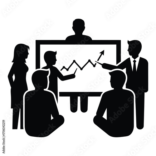 Business meeting silhouettes presenting growth chart on whiteboard teamwork silhouette