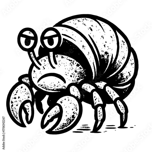 Melancholic Hermit Crab Cartoon Illustration: A Distressed Black and White Vector Graphic Depicting a Grumpy Ocean Dweller in a Shell with a Quirky, Hand-Drawn, Vintage Tattoo Art Style for Unique Des