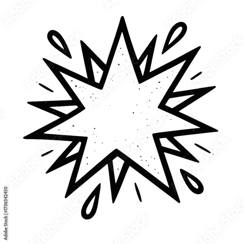 Hand-drawn black and white distressed comic explosion burst graphic with radiating spike lines and scattered dots, ideal for dynamic visual effects, eye-catching accents, speech bubbles, or energetic