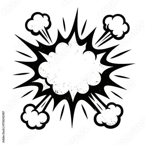 Dynamic black and white comic book explosion burst effect with jagged lines and distressed texture, surrounded by stylized smoke clouds, perfect for graphic design, web elements, pop art, vintage vibe