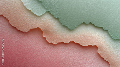 Torn paper texture with coral pink and sage green colors creating organic layered effect, abstract background for creative design projects