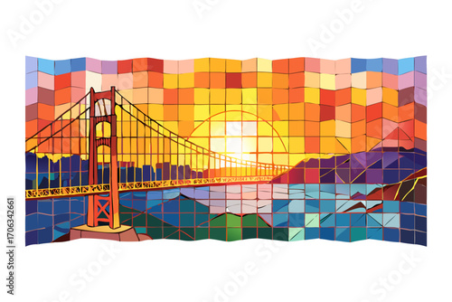 Abstract mosaic art of the golden gate bridge at sunset, with vibrant colors and a unique geometric style