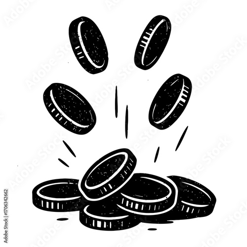 Hand-drawn black and white illustration: coins falling into a pile. This graphic represents financial prosperity, wealth accumulation, investment success, lucrative earnings, profit, savings, economic