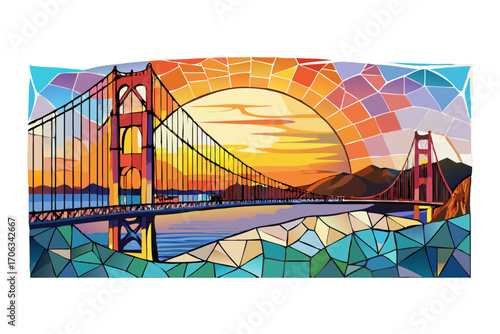 Stained glass style depiction of the golden gate bridge during a colorful sunset over the water