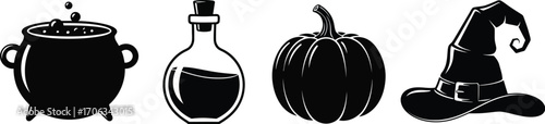 Halloween icons featuring a cauldron potion pumpkin and witch hat in black