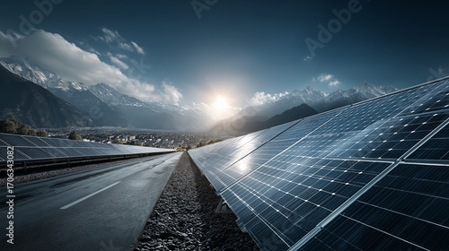 Solar panel field stretching to horizon under clear blue sky, sustainable energy concept, futuristic clean design