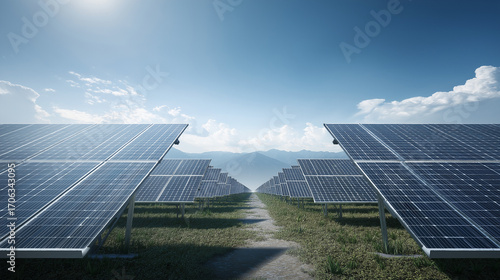 Solar panel field stretching to horizon under clear blue sky, sustainable energy concept, futuristic clean design