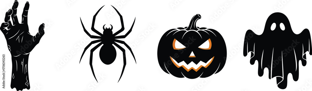 Fototapeta premium Halloween icons featuring a zombie hand spider pumpkin and ghost on white