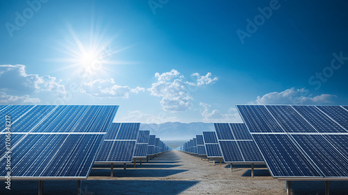 Solar panel field stretching to horizon under clear blue sky, sustainable energy concept, futuristic clean design