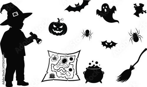 Little witch with flashlight looking at a map surrounded by halloween icons