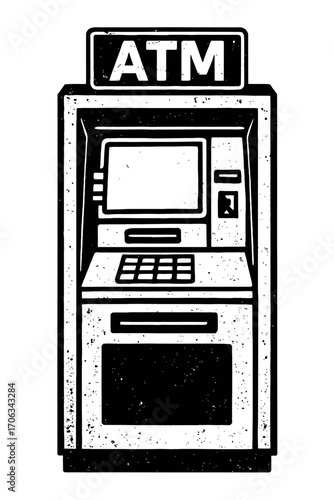 Striking black and white line art illustration depicting a classic Automated Teller Machine (ATM), highlighting its crucial functional elements: an interactive screen, numerical keypad, secure card re
