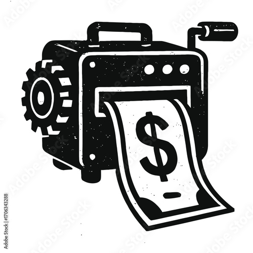 Vector illustration of a money machine concept, demonstrating automated income generation and financial success. This graphic represents wealth creation, profit generation, investment returns, and eco