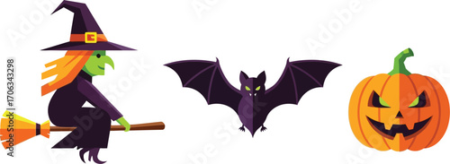 Cartoon witch flying on broom with bat and jack o lantern for halloween design