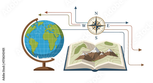 Explore the world with a globe map and compass charting new journeys and discovering exciting destinations for adventure, Generative AI.