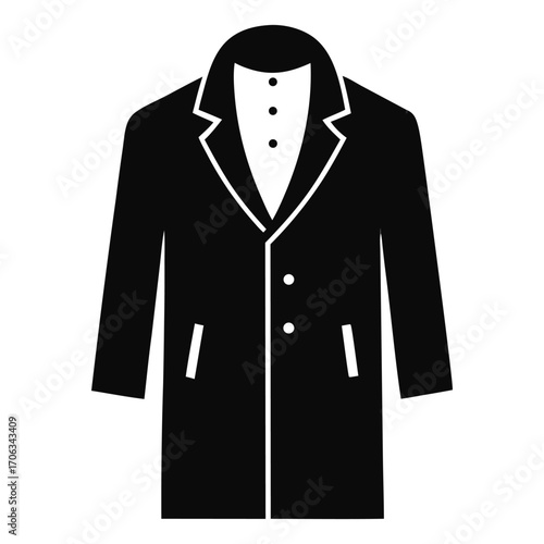 Classic black formal overcoat with white shirt and collar isolated on white background