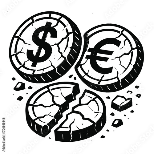 Cracked US Dollar and Euro coins symbolize global financial fragility, economic crisis, systemic risk, currency devaluation, market distress. Shattered coin represents monetary instability, signaling