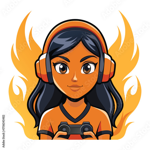 Anime girl with headphones and game controller surrounded by fiery orange flames and wings
