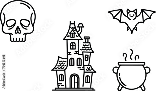 Spooky halloween elements in a minimalist line art style on a white background