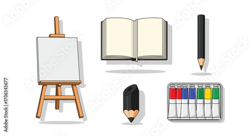Unleash your creativity with a blank canvas easel open sketchpad pencils and vibrant paint tubes ready for your artistic vision, Generative AI.