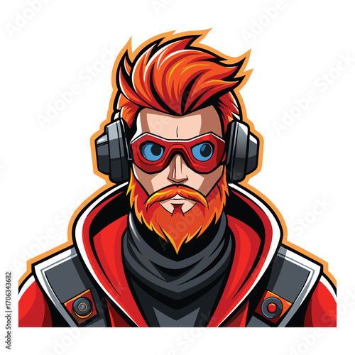 Stylized illustration of a cool red haired man with beard and headphones wearing red glasses