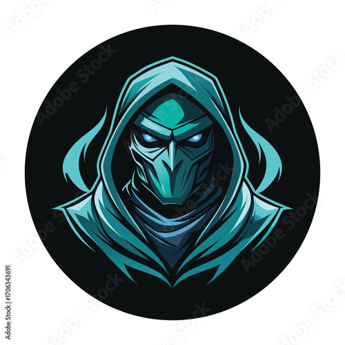 Mysterious hooded figure with glowing eyes and intricate mask in a dark circular frame