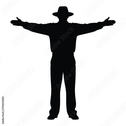 Silhouette of a man in a hat with arms extended wide open silhouette